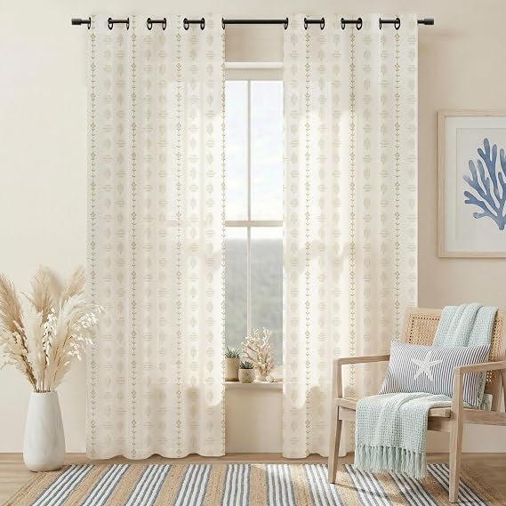Tan Floral Linen Curtains, Cozy Warm Beige Boho Cottage Semi Sheer Drapes for Living Room Bedroom, 50" W x 84" L