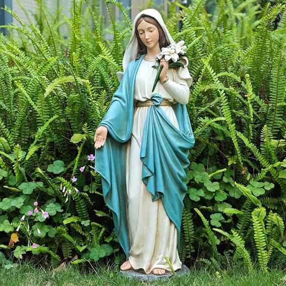 Grace4Joy Virgin Mary Garden Statue, 24 Inches Saint Mary Holding Lilies Outdoor Sculpture, Blessed Virgin Outdoor Statue for Home Yard Patio Lawn Hallway Decor