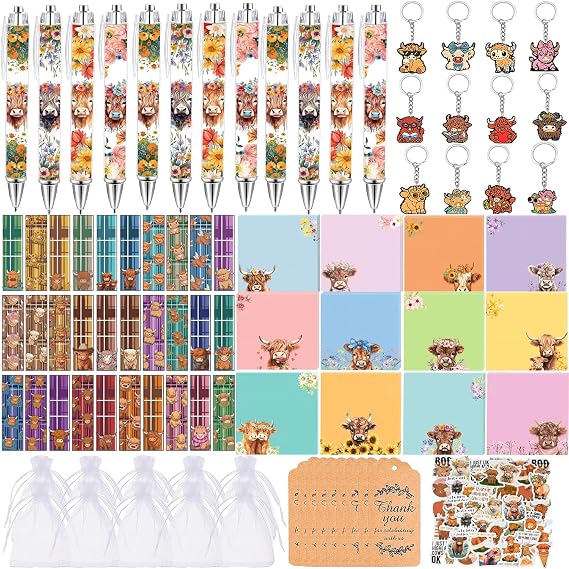 Anprola Highland Cow Stationary Party Gifts Supplies Set with Ballpoint Pen Sticky Notes Gift Bags for 12 Guests Birthday Party Decorations Goodie Bag Pinata Fillers Stuffers Rewards