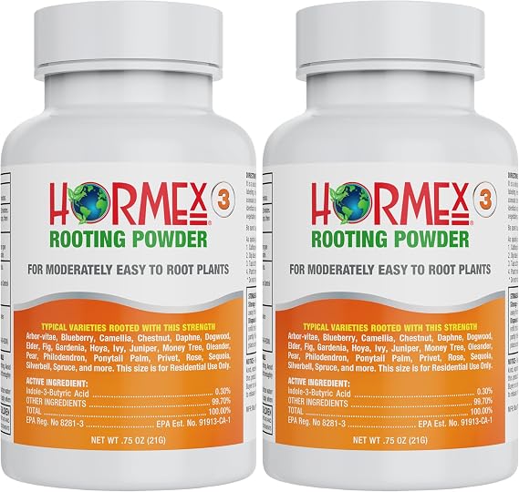 Hormex Rooting Hormone Powder #3 (0.30% IBA) for Common Houseplants, Flowers & Garden Varieties - Starter Strength Root Stimulator & Growth Hormone for Plant Cuttings, Cloning, Propagation (2 Pack)