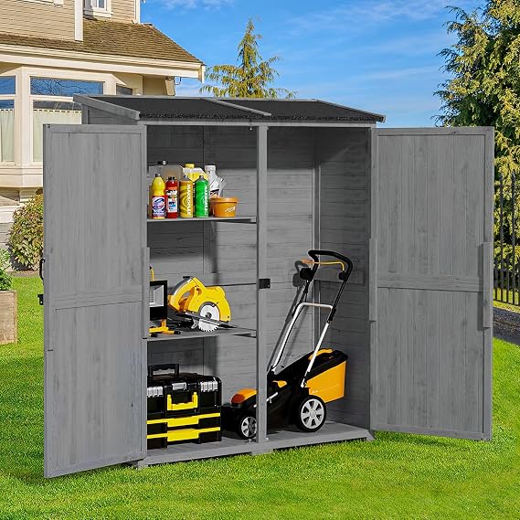 Gizoon Outdoor Cabinet, Waterproof Roof, Double Lockable Wooden Shed | 2 Removable Shelves, Large Storage Space, Fits Patio/Garden/Backyard/Lawn, Sturdy Wood, Garden Organizer, Gray
