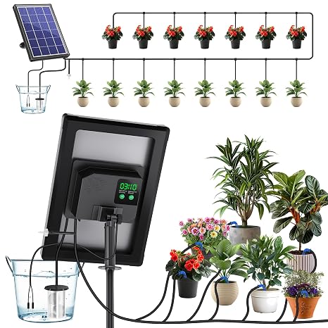 Biling 4W Solar Drip Irrigation System with Battery for 15 Potted Plants | Solar Watering System with Digital Programmable Smart Watering, 2200mAh Battery Backup for Outdoor Indoor Garden
