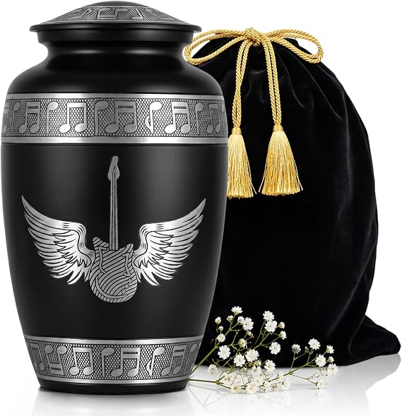 Black Guitar Wings Cremation Urn for Human and Pet Ashes – Large Adult Aluminum Memorial Funeral Burial Urn for Men, Women & Pets, Decorative Music Tribute for Home Display