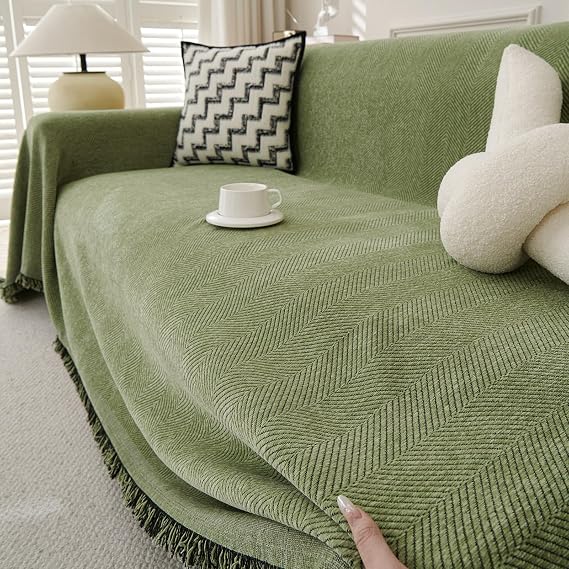 Chenille Large Sofa Throw for 1-4 Seater Sofas Green 230x300