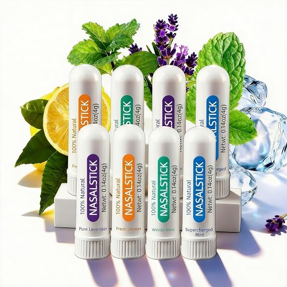Nasal Stick 8-Pack 4 Scents (Lemon, Lavender, Peppermint, Wintermint) | Refreshing Menthol Inhaler & Pocket-Sized Cooling Sticks. Fast Fatigue Relief for Study, Work & Driving.
