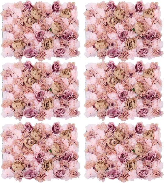 6Pcs Artificial Wall Flower Backdrop, 24 X 16 Flowers Wall Panel, 3D Decoration Silk Rose Hydrangea Wall Mat for Garden, Outdoor, Indoor, Party, Wedding and Photo Backdrop Decor