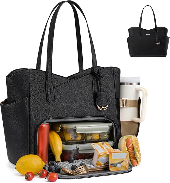 LOVEVOOK Lunch Bag for Women,2 in 1 PU Work Tote Bag with Lunch Compartment with Giant Tumbler Side Pocket, 15.6" Laptop Tote Bag with Padded Sleeve for Teacher,Nurse,College