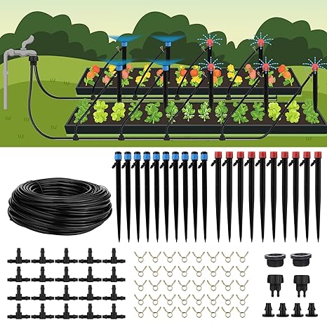 110FT Drip Irrigation System 90PCS Kit, Quick-Connect Automatic Garden Watering DIY System with Adjustable Nozzles & Sprinklers for Garden Greenhouse Flower Lawn Potted Plants