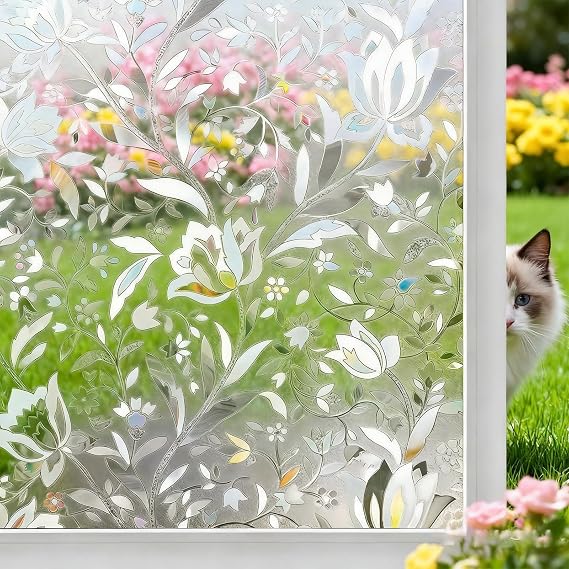 Rainbow Window Film Privacy 3D Stained Glass Vinyl, Decorative Sun Blocking Static Cling Sticker, Anti Glare UV Reflective Heat Control Removable Film for Home Office Bathroom Door, Tulip,40CM x 5M