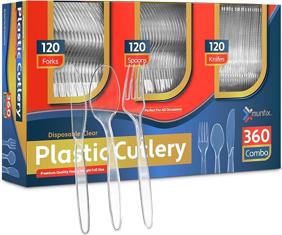 360 Count Clear Plastic Silverware Set Disposable Cutlery | 120 Forks, 120 Spoons, 120 Knives, Heavy Duty BPA Free, Premium Clear Plasticware for Party Supplies