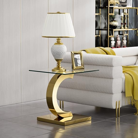 Luxury Glass End Table, 22.8" Sofa Side Table with Gold C-Shape Stainless Steel Frame and Clear Glass Top, Cocktail Tea Table, Modern Square End Table for Home Office