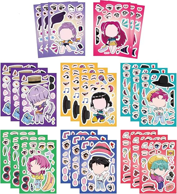 24 Sheets Make a Face Stickers, Dress Me Up Stickers for Girls Kids, Korean Pop Music Make Your Own Mix and Match Sticker Sheets Art Craft Kit Toys Decals