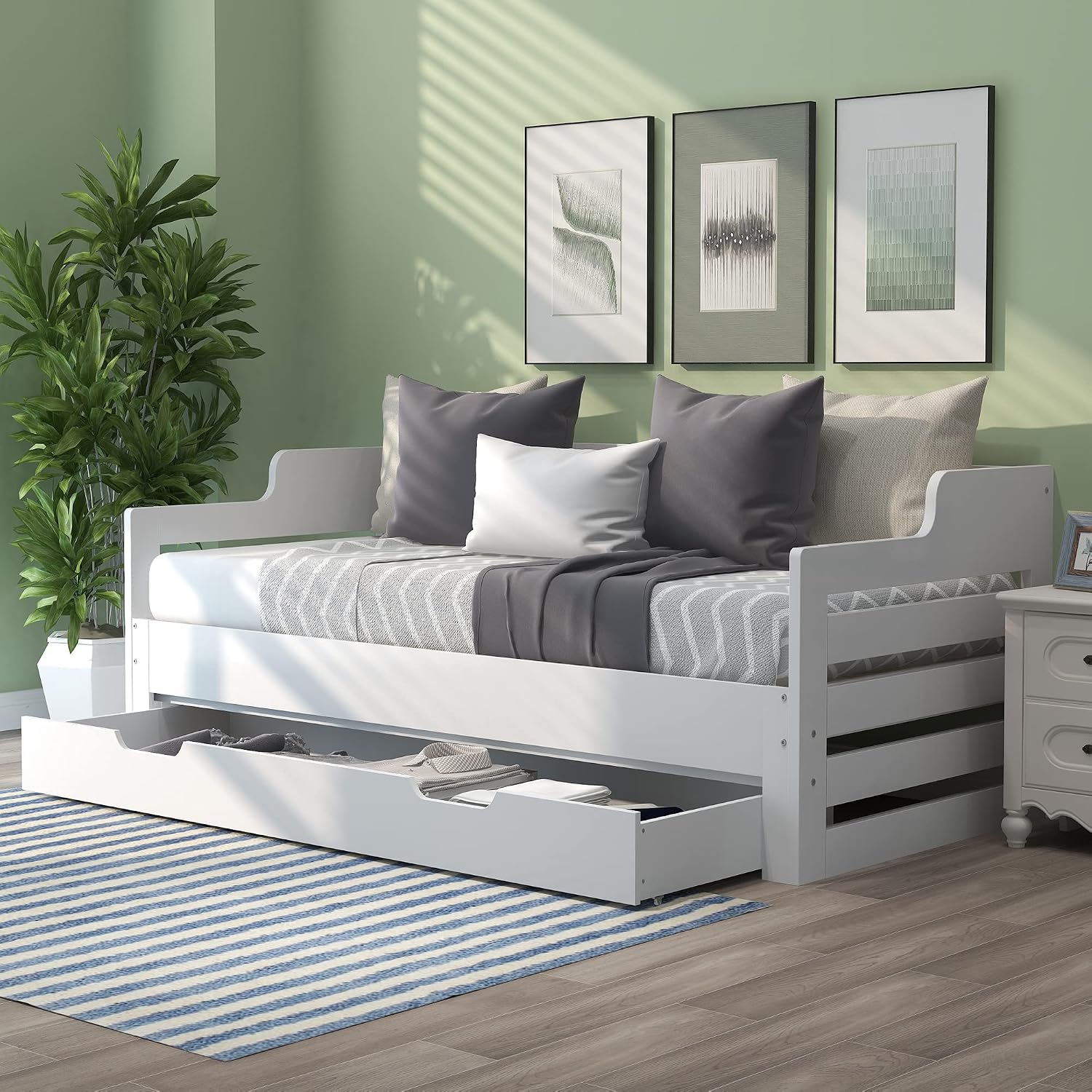 Jtyca 3FT Single Bed Turns into Double, Pull Out Sofa Bed Double with Trundle and Storage Drawer, Cabin Daybed for Living Room and Bedroom, 90 x190 CM - White (Not Mattress)