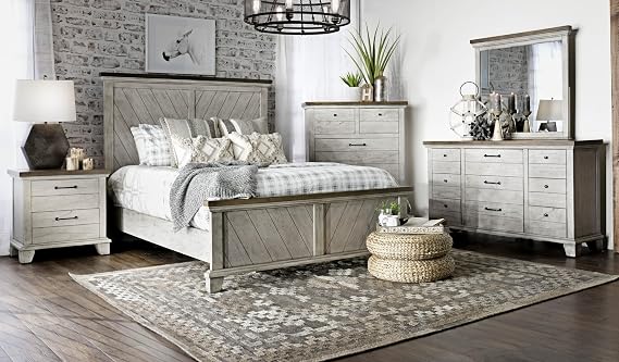 King Size Bed Frame with Chevron Pattern Headboard, Whitewashed Gray Wood, Farmhouse Style, 88 x 85 x 61 Inches, Honey-Smoke Stained Rails