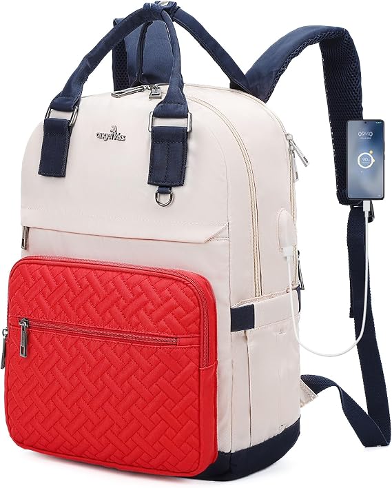 Angel Kiss Backpack Purse for Women, Large Travel Backpack with USB Port, Anti-Theft Design, Water-Resistant Daypack for Casual and Business for Work Beige-Red