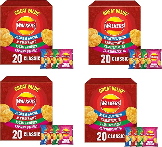 Walkers Classic Variety Crisps Multipack – 20 x 25g Snack Bags – Ready Salted, Cheese & Onion, Salt & Vinegar, Prawn Cocktail – 100% British Potatoes (4x Walker Classic x20 red box)