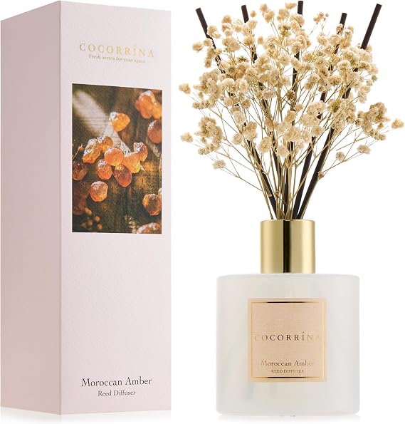 Reed Diffuser - Moroccan Amber 6.7 Fl.oz Reed Diffuser Set with Sticks & Preserved Baby's Breath, Reed Diffuser for Home Bathroom Shelf Decor