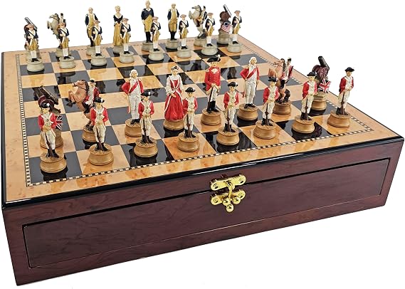 American Revolutionary War Chess Set W/ 17" High Gloss Walnut and Birdseye Maple Color Storage Board