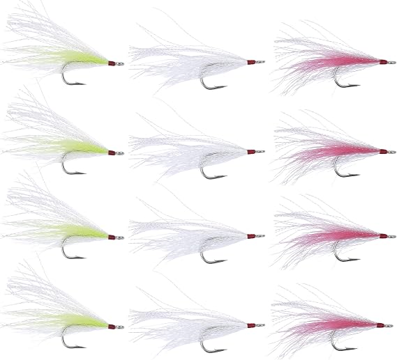 Bucktail Teasers 12-Pack Saltwater Fishing Lures with Mylar Flash, 5/0 Hook, for Striped Bass, Fluke, Flounder & Sea Bass