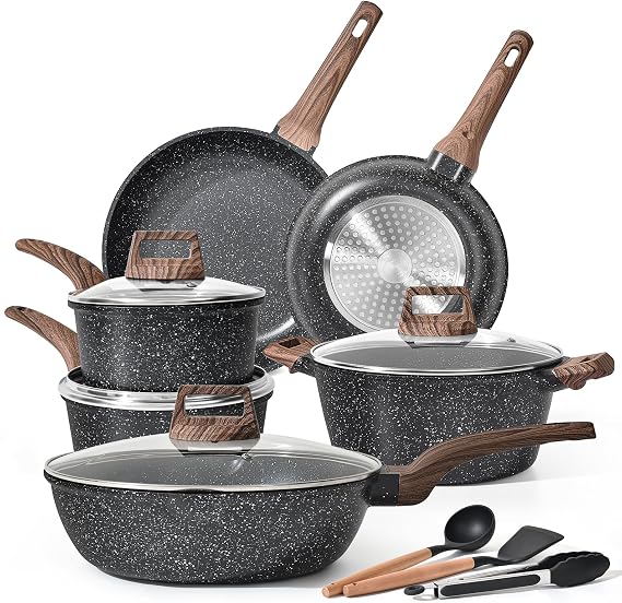 Terlulu Induction Hob Pots and Pans Set - 13pcs Nonstick Cooking Pans Set, Black Granite Cookware Set with Lid, Non Stick Saucepan Set, Frying Pan Set, PFOS & PFOA Free