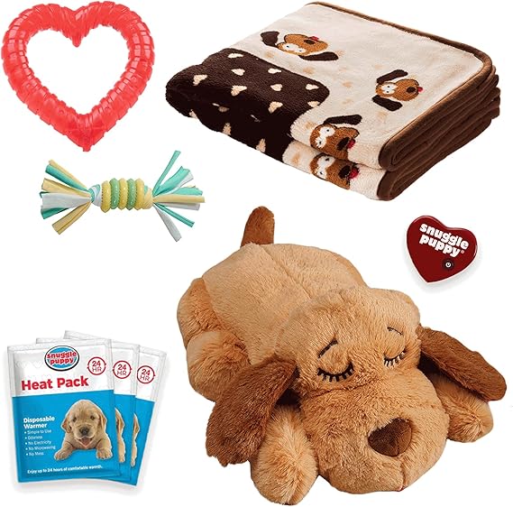 Snuggle Puppy Original Essentials Starter Kit. Dog Heartbeat Toy and Calming Aid with 3 Heat Packs, Puppy Teething Chew Toy and Dog Blanket, Neutral