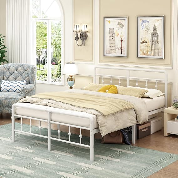 EMODA Double Bed Frame with Victorian Headboard, 135 x 190 cm, White