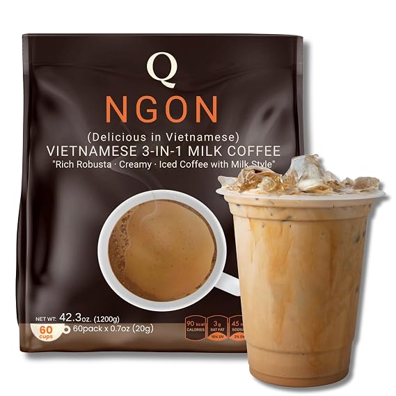 Cafe sua da vietnamese coffee Vietnamese 3-in-1 Instant Milk Coffee 60 Sticks Bulk Pack (20g Each) | Strong Robusta Creamy Sweet Cafe Sua Da Style | Hot or Iced Travel Friendly Office & Family Size