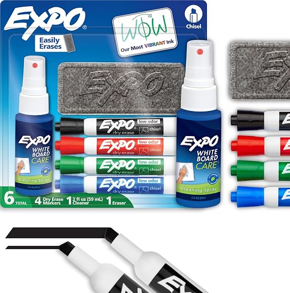 EXPO Dry Erase Markers Kit, Chisel Tip, Assorted Colors, Eraser, Spray Cleaner, 6 Count - Whiteboard, Calendar, Office Essentials, School, Classroom, Teacher Supplies