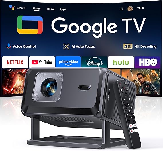 Portable Smart Projector [Google TV 14.0 & 4K Support & Dolby] with WiFi and Bluetooth HDR10,Ceiling Mini Movie Short Throw Projector Outdoor with Built-in Apps Auto Focus Keystone for Home Bedroom
