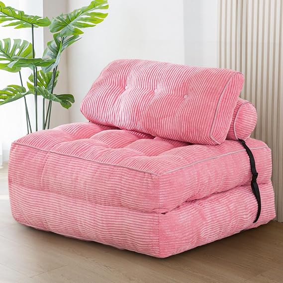MAXYOYO Folding Sofa Bed, Convertible Sleeper Chair with Pillow Foldable Mattress with Back Support, Portable Fold Out Chair Bed Comfy Floor Sofa Lounge for Living Room Bedroom, Pink
