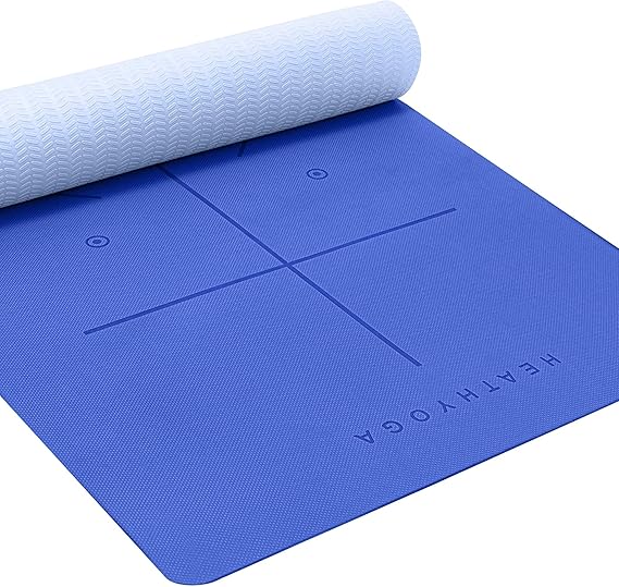 Heathyoga Yoga Mat Non Slip TPE Pilates Exercise Mats for Home Workout Gym Fitness Eco Friendly Thick Hot Yoga Mat with Strap Body Alignment,72"x 26" Thickness 1/4"