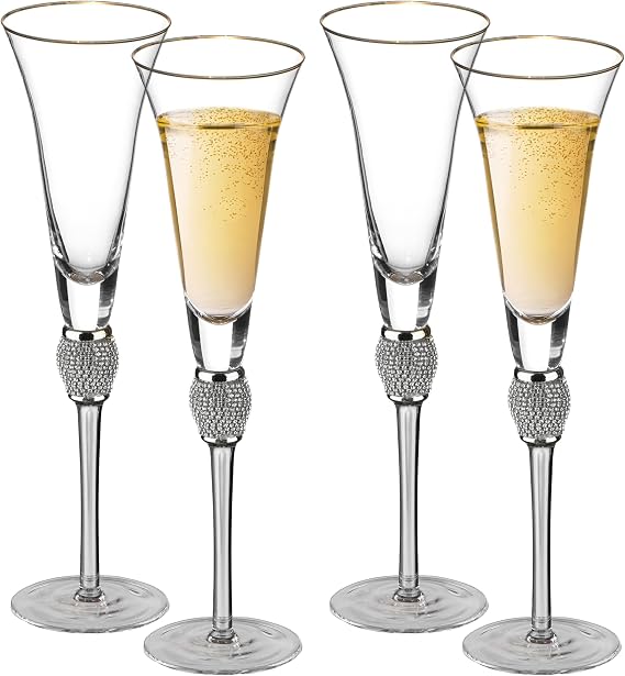 4 Piece Elegant Crystal Set Wedding Champagne Glasses with Diamond Rhinestone Accents and a Polished Gold Rim - 11 in Tall with Slender Long Stems, 7 oz - Chic Toasting Set for the Bride and Groom
