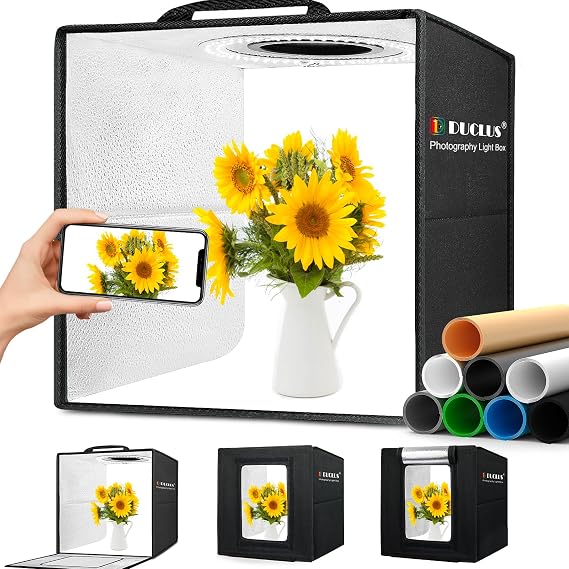DUCLUS Light Box Photography, 12"x12" Photo Booth Box with 120 LED Lights Dimmable & CRI>95, Portable Lightbox with 8 Backdrops for Mini Product Photography: Jewelry, Cards, Watches