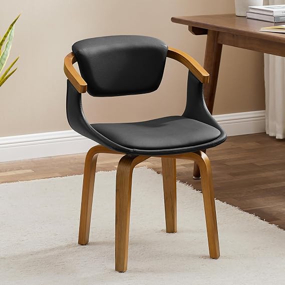Zouron Swivel Desk Chair No Wheels, Mid Century Modern Office Chair, Faux Leather Dining Chair with Wood Legs, Accent Arm Chair for Living Room Bedroom Home Office, 1Pcs, Matt Black