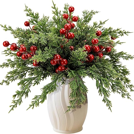 Purple Star 45Pcs Christmas Artificial Pine Branches with Red Berry Stems- 10.5inch Faux Evergreen Norfolk Pine Cypress Leaves Stems- Fake Foliage Needles Picks for DIY Craft Garland Home Decor