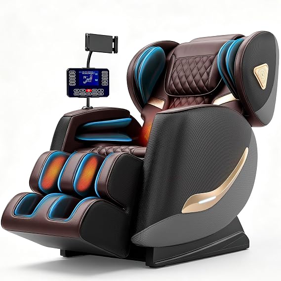 Massage Chair Full Body and Recliner, Zero Gravity Massage Chairs, 10 Fix Rollers, Airbags, Heating, Foot Massage, Auto Modes, Bluetooth Speaker and Touch Control Screen for Home and Office (Brown)