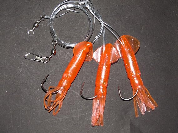 SUPER CATCH GLITTER ORANGE SQUID RIG LURE 3 x 6/0 HOOK BOAT WRECK COD SEA FISHING LINE CLIP