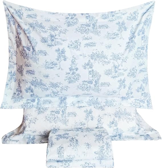 QSH 100% Cotton Floral Sheets Set Twin Size,4PCs Light Blue Botanical Leaves Pattern Printed Bed Sheets Twin Extra Soft and Breathable 17.5" Deep Pockets Aesthetic Bedding Sheet with Pillowcases