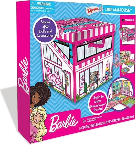 Barbie ZipBin 40 Doll Dream House Toy Box & Playmat | Portable 12in cube transforms into a 36in square play mat. Holds 40 dolls or accessories with a secure lid and handles