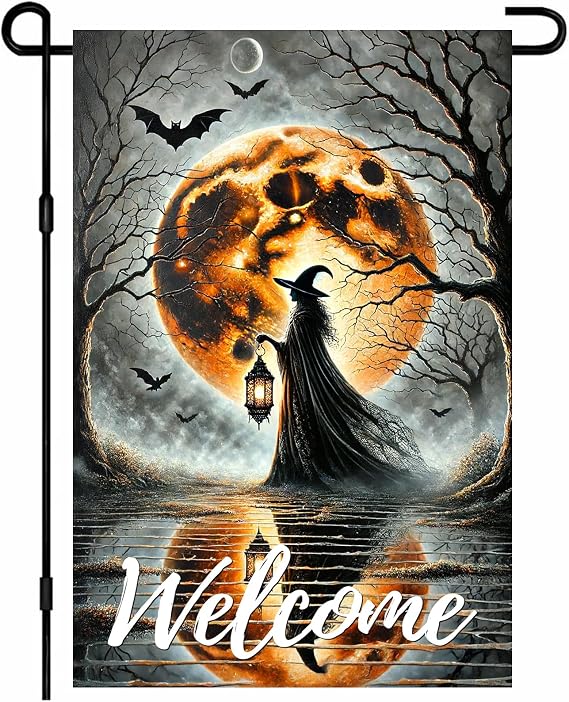 BlissYard Halloween Witch Moon Bats Garden Flag 12x18 Inch Polyester | Yard Banner, Vertical Flag | Witch Moon Outdoor Decor, Fall Lawn Sign | Porch, Patio, Walkway (Bat Sky)