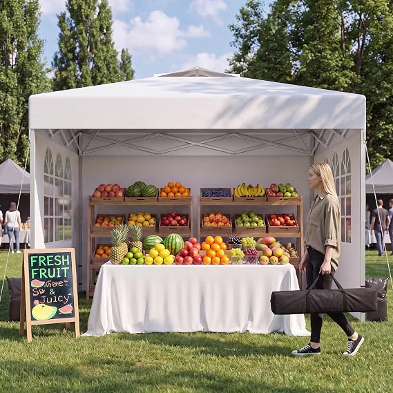 10x10 One Push Pop Up Canopy Tent with Vented Roof, White | UPF 50+ UV Protection, 210D Waterproof Fabric, 3 Removable Sidewalls, Steel Frame, for Camping, Backyard Events