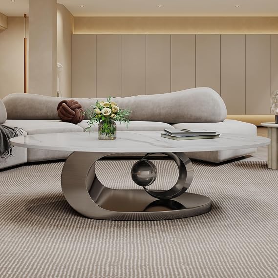 Modern Faux Marble Coffee Table with Sculptural Stainless Steel Base - 49.2" Luxury Oval Sled Leg Table for Living Room, Scratch & Heat Resistant Glossy Top (Grey+White)