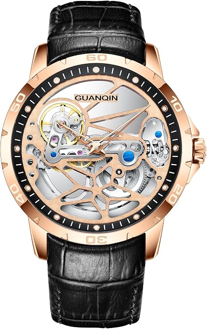 GUANQIN Vintage Men Skeleton Dial Automatic Self-Wind Mechanical Wrist Watch Sapphire Crystal Business Double-Sided Hollow Waterproof Clock Man Genuine Leather Wristwatch