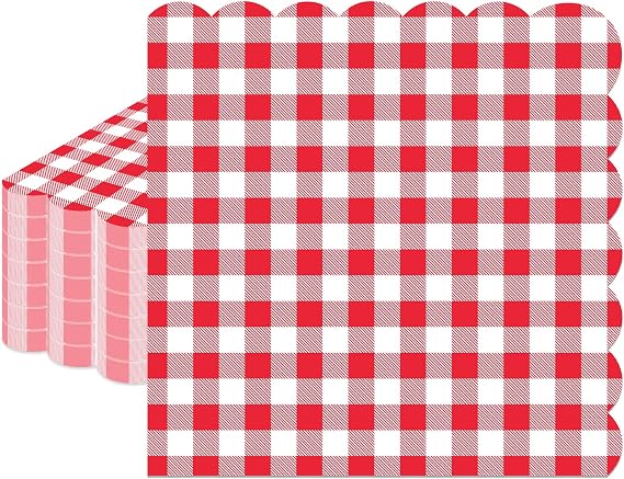 100 Pcs Red Gingham Napkins Disposable, 6.5 Inch Red and White Paper Napkins Scalloped Picnic Checkered Napkins for Dinner BBQ Birthday Wedding Party Supplies