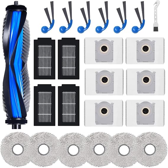 24 Pcs Replacement Parts for Ecovacs Deebot T30C Omni/ T30C Omni Gen2/ T30C Pro Omni Robot Vacuum Accessory Kit, 1 Main Brush, 6 Side Brush, 4 Filter, 6 Mop Pad, 6 Dust Bag