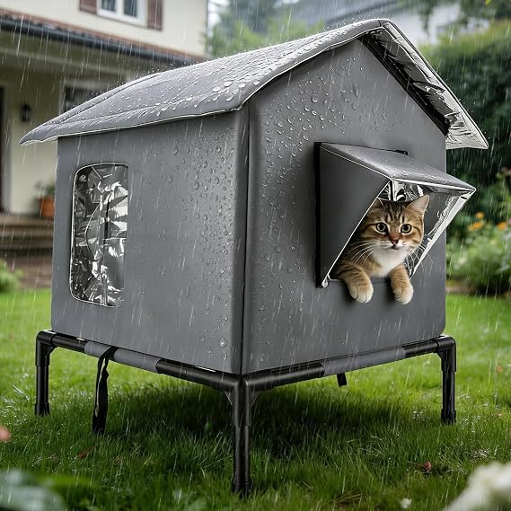 Outdoor Cat House, Waterproof Cat Kennel with Elevated Base, Weatherproof Cat Shelter with Aluminum Film Insulation for Indoor Outdoor Cats, Small Dogs,Large Insulated Pet House for Stray & Feral Cats