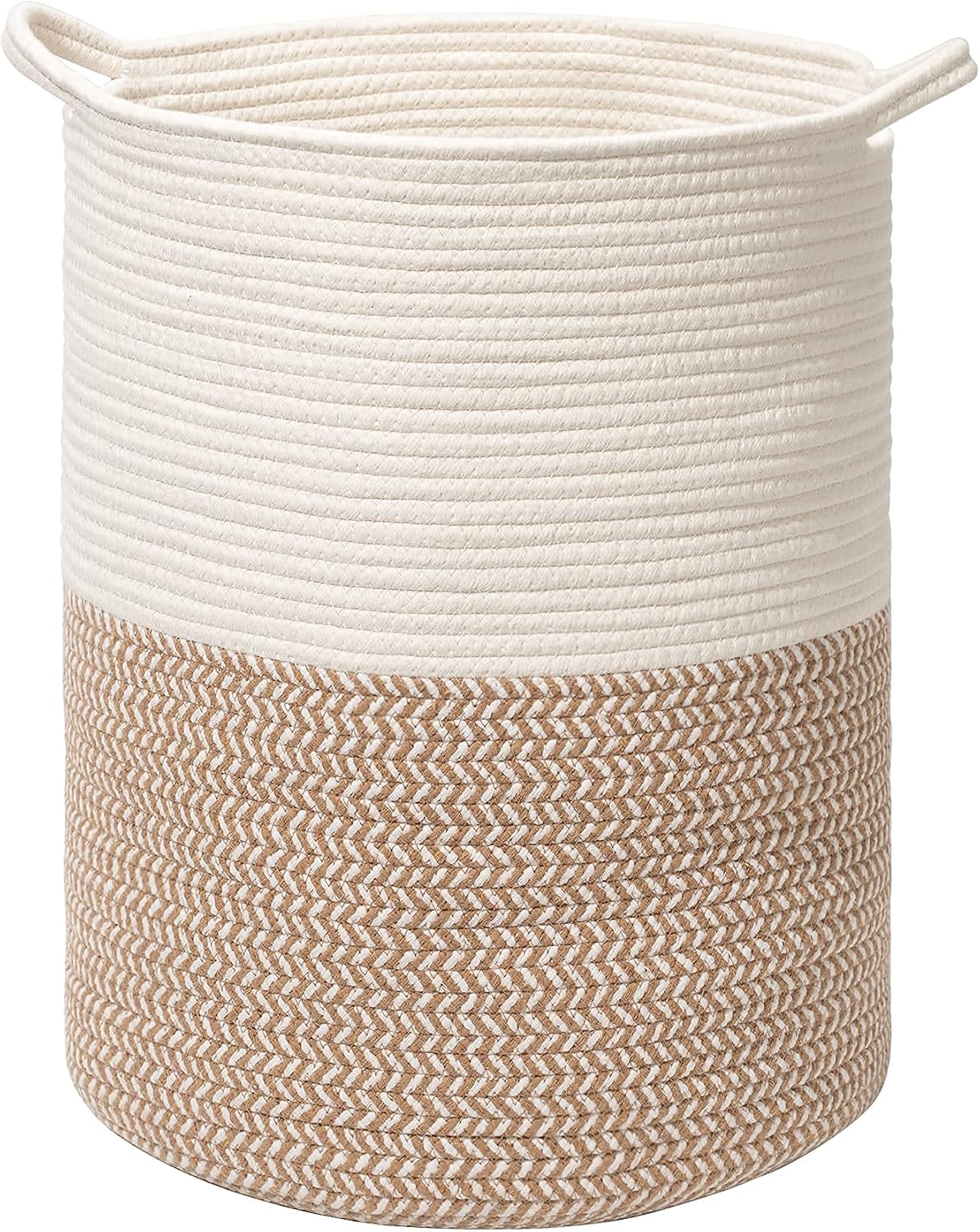 Rolife Woven Laundry Basket Tall Storage Baskets, Large Cotton Rope Decorative Hamper Baskets for Bedrooms BlanketBrown&White,20” x 15”