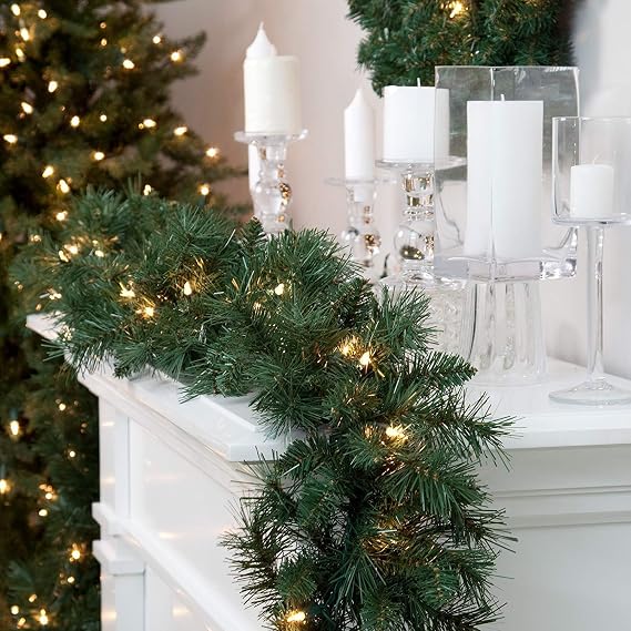GEEZY Pre-Lit Christmas Garland with Lights & Timer, 2.7m / 9FT - 35 Warm White LED, Artificial Green Garland - Indoor/Outdoor Christmas Decor for Fireplace Mantles, Doors, Windows, Bannister, Stairs