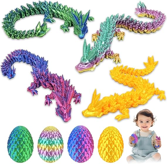 4Pcs 3D Printed Dragon Eggs with Dragon Inside, Fully Articulated Dragon in Eggs Easter Surprise Dinosaur Eggs Flexible Joints Mystery Dragon Action Figures for Home Office Birthday Party