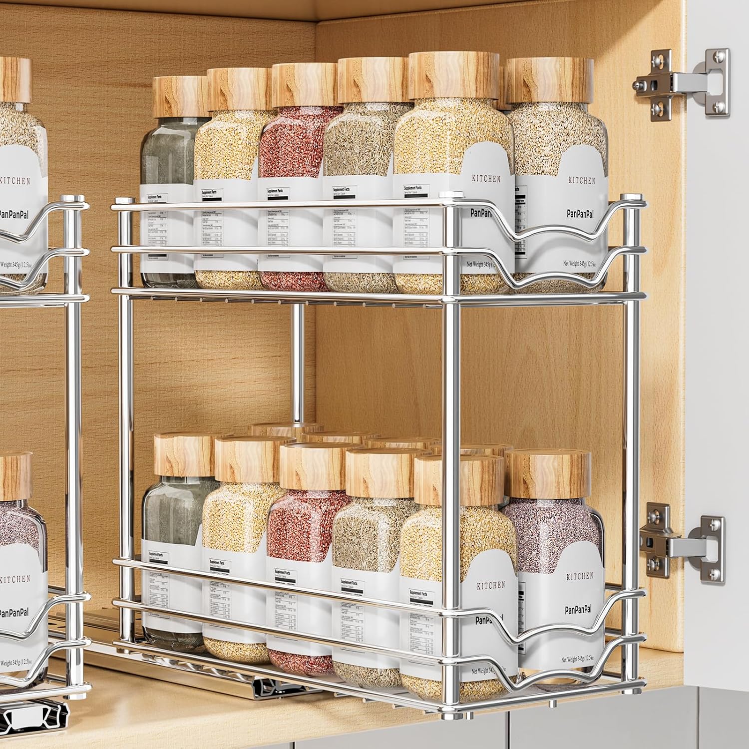 Pull Out Spice Rack Organizer for Inside Cabinet, 2 Tier Slide Out Spice Organization for Cabinet, Chrome Vertical Sliding Seasoning Organizer, 4.9'' Wx10.4'' Dx9.5'' H